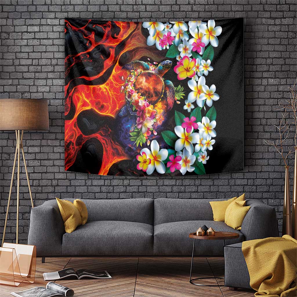 Hawaiian Lei Day Tapestry Colorful Plumeria and Volcanic Turtle with Abstract Lava Texture LT03 Black - Polynesian Pride