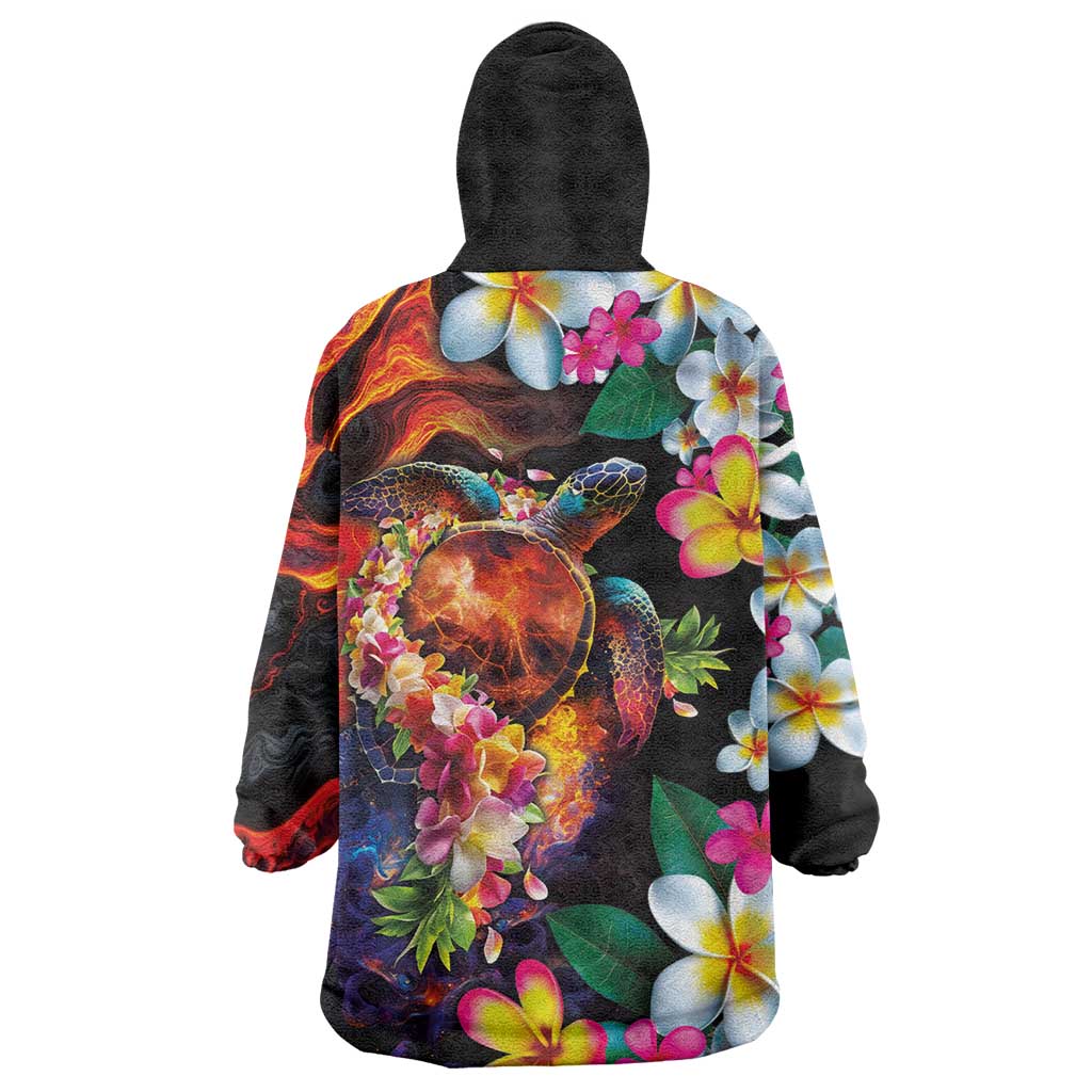 Hawaiian Lei Day Wearable Blanket Hoodie Colorful Plumeria and Volcanic Turtle with Abstract Lava Texture