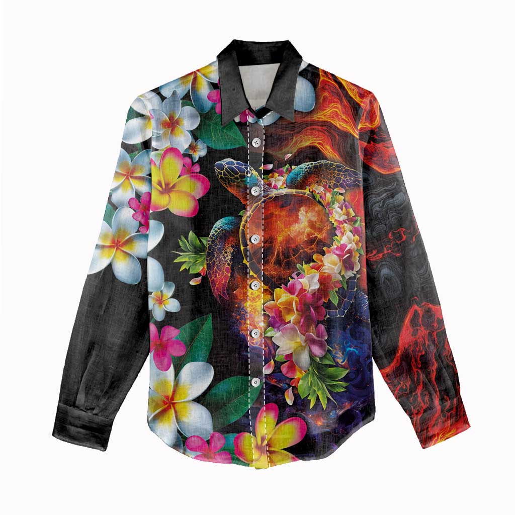 Hawaiian Lei Day Women Casual Shirt Colorful Plumeria and Volcanic Turtle with Abstract Lava Texture
