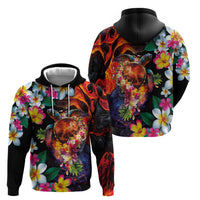 Hawaiian Lei Day Zip Hoodie Colorful Plumeria and Volcanic Turtle with Abstract Lava Texture