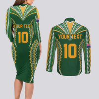 Custom Cook Islands Rugby League Couples Matching Long Sleeve Bodycon Dress and Long Sleeve Button Shirt Tatau Tribal Pattern-Special Edition Green Color