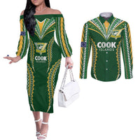 Custom Cook Islands Rugby League Couples Matching Off The Shoulder Long Sleeve Dress and Long Sleeve Button Shirt Tatau Tribal Pattern-Special Edition Green Color