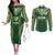 Custom Cook Islands Rugby League Couples Matching Off The Shoulder Long Sleeve Dress and Long Sleeve Button Shirt Tatau Tribal Pattern-Special Edition Green Color