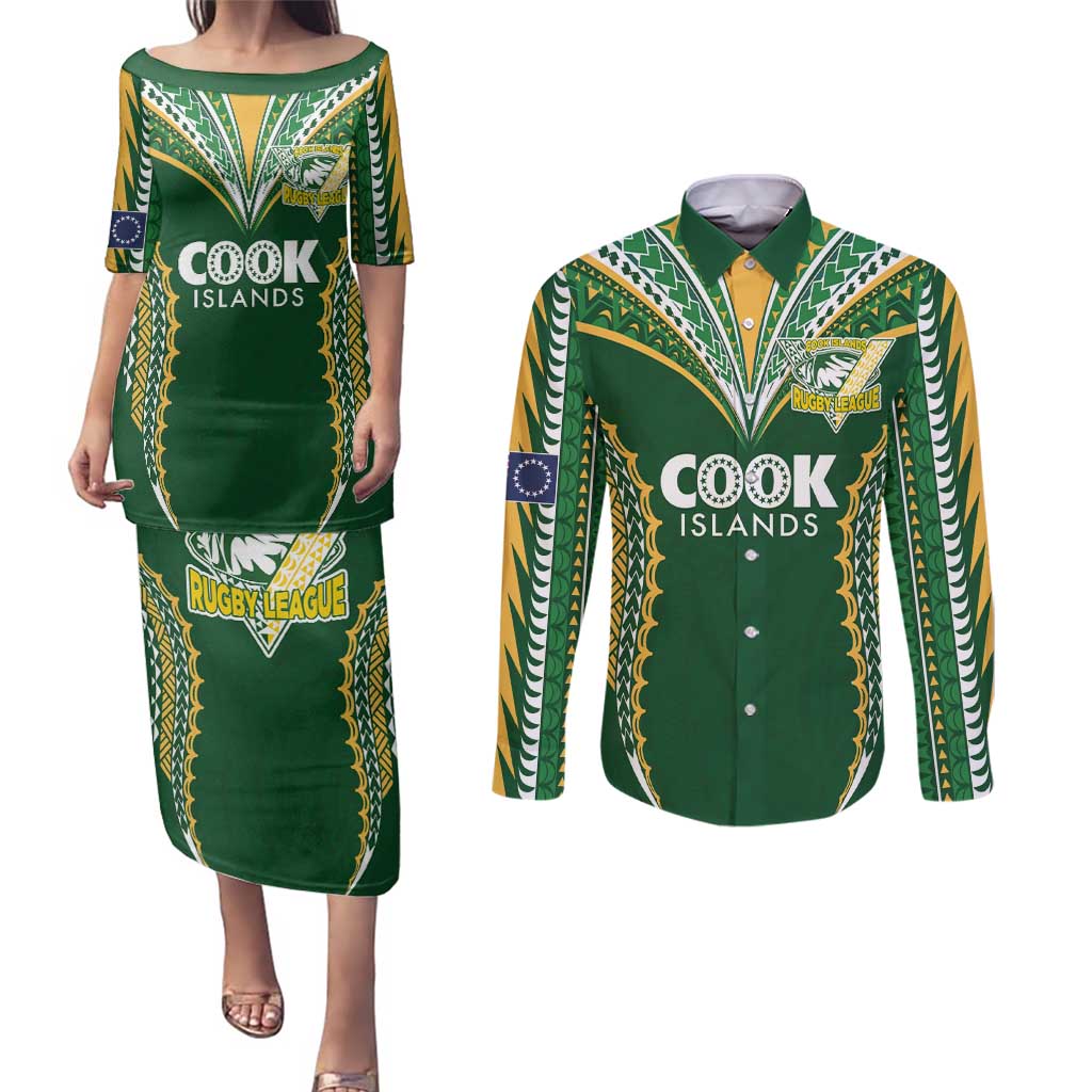 Custom Cook Islands Rugby League Couples Matching Puletasi and Long Sleeve Button Shirt Tatau Tribal Pattern-Special Edition Green Color