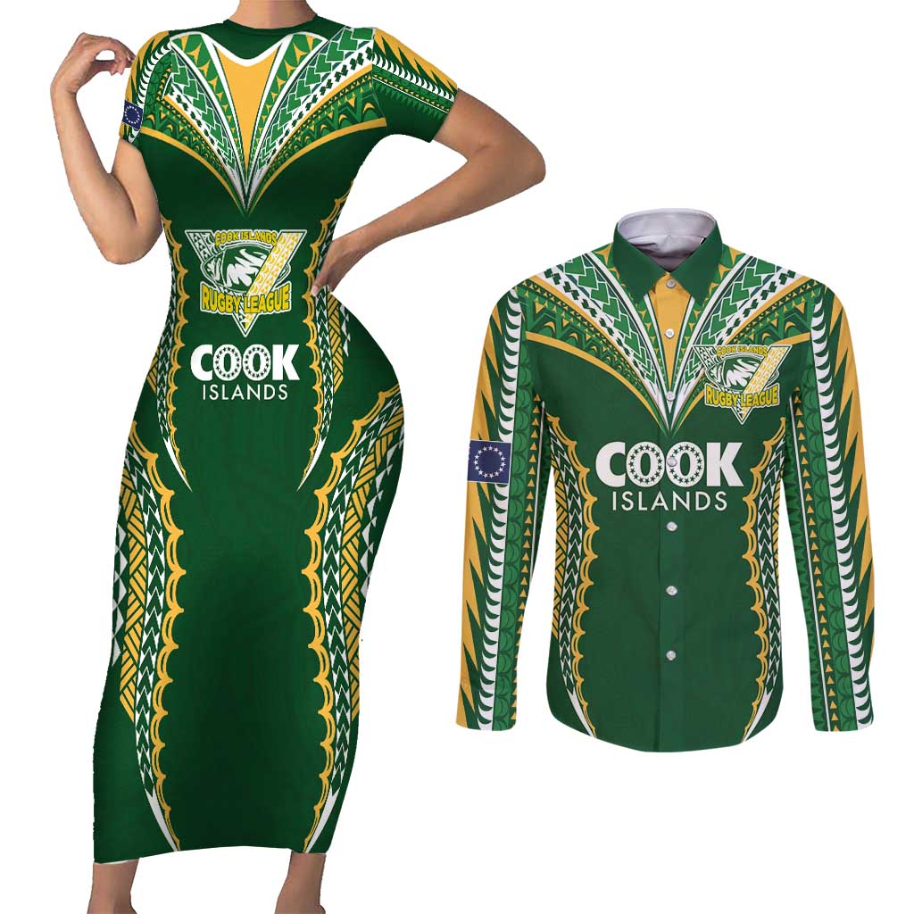 Custom Cook Islands Rugby League Couples Matching Short Sleeve Bodycon Dress and Long Sleeve Button Shirt Tatau Tribal Pattern-Special Edition Green Color