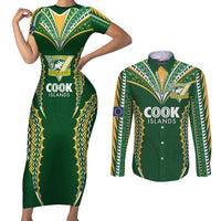 Custom Cook Islands Rugby League Couples Matching Short Sleeve Bodycon Dress and Long Sleeve Button Shirt Tatau Tribal Pattern-Special Edition Green Color