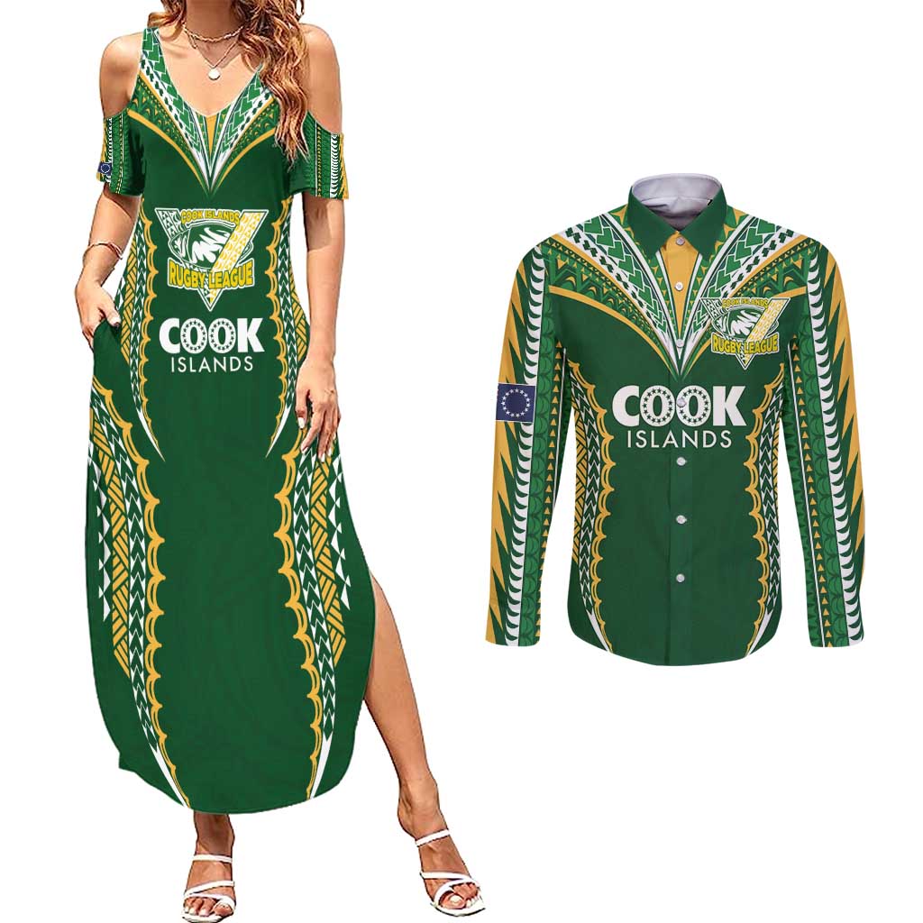 Custom Cook Islands Rugby League Couples Matching Summer Maxi Dress and Long Sleeve Button Shirt Tatau Tribal Pattern-Special Edition Green Color