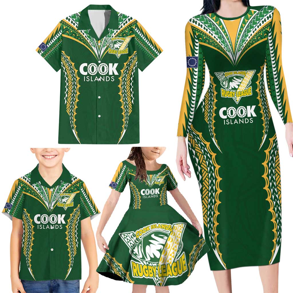 Custom Cook Islands Rugby League Family Matching Long Sleeve Bodycon Dress and Hawaiian Shirt Tatau Tribal Pattern-Special Edition Green Color