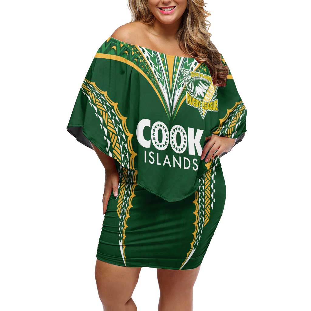 Custom Cook Islands Rugby League Family Matching Off Shoulder Short Dress and Hawaiian Shirt Tatau Tribal Pattern-Special Edition Green Color