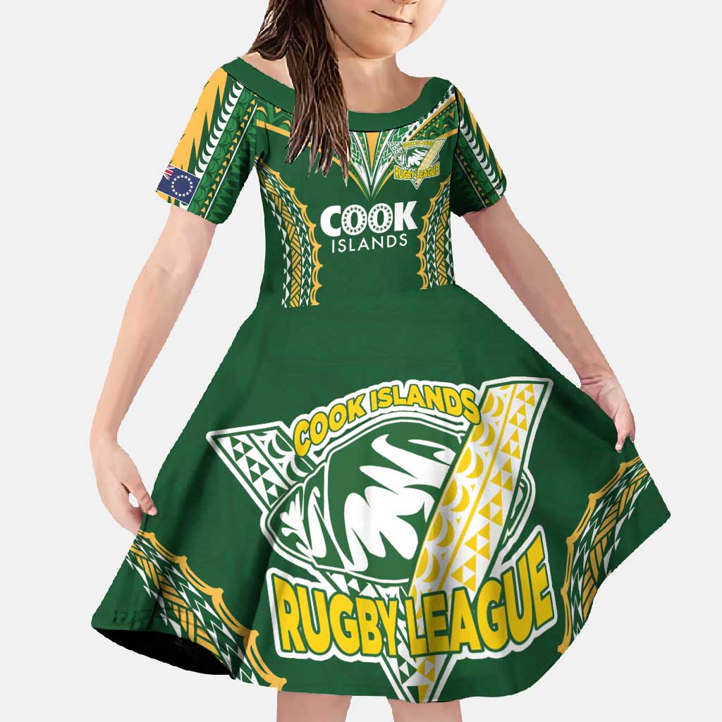 Custom Cook Islands Rugby League Family Matching Short Sleeve Bodycon Dress and Hawaiian Shirt Tatau Tribal Pattern-Special Edition Green Color