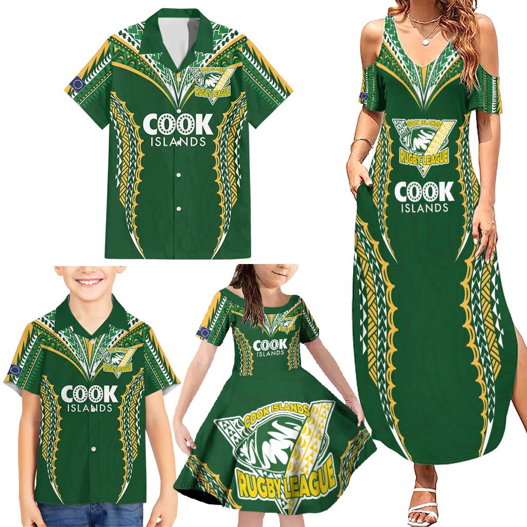 Custom Cook Islands Rugby League Family Matching Summer Maxi Dress and Hawaiian Shirt Tatau Tribal Pattern-Special Edition Green Color