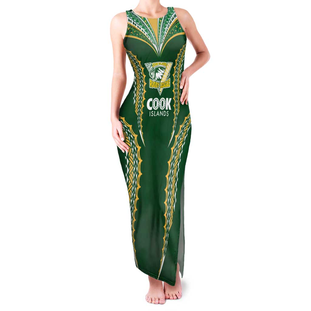 Custom Cook Islands Rugby League Family Matching Tank Maxi Dress and Hawaiian Shirt Tatau Tribal Pattern-Special Edition Green Color