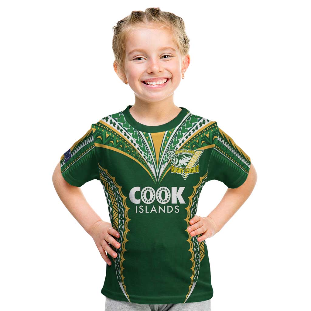 Custom Cook Islands Rugby League Kid T Shirt Tatau Tribal Pattern-Special Edition Green Color