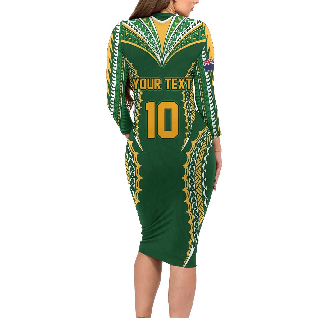Custom Cook Islands Rugby League Long Sleeve Bodycon Dress Tatau Tribal Pattern-Special Edition Green Color