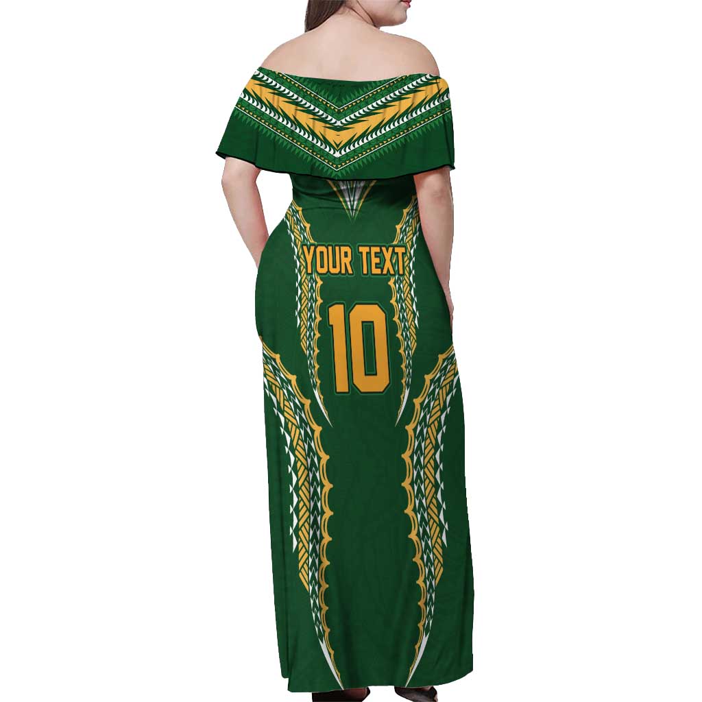 Custom Cook Islands Rugby League Off Shoulder Maxi Dress Tatau Tribal Pattern-Special Edition Green Color
