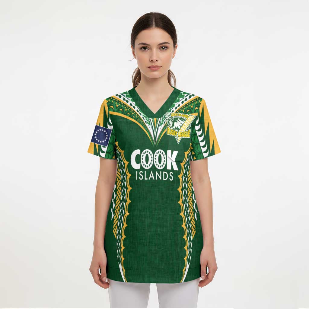 Custom Cook Islands Rugby League Scrub Top Tatau Tribal Pattern-Special Edition Green Color - Polynesian Pride