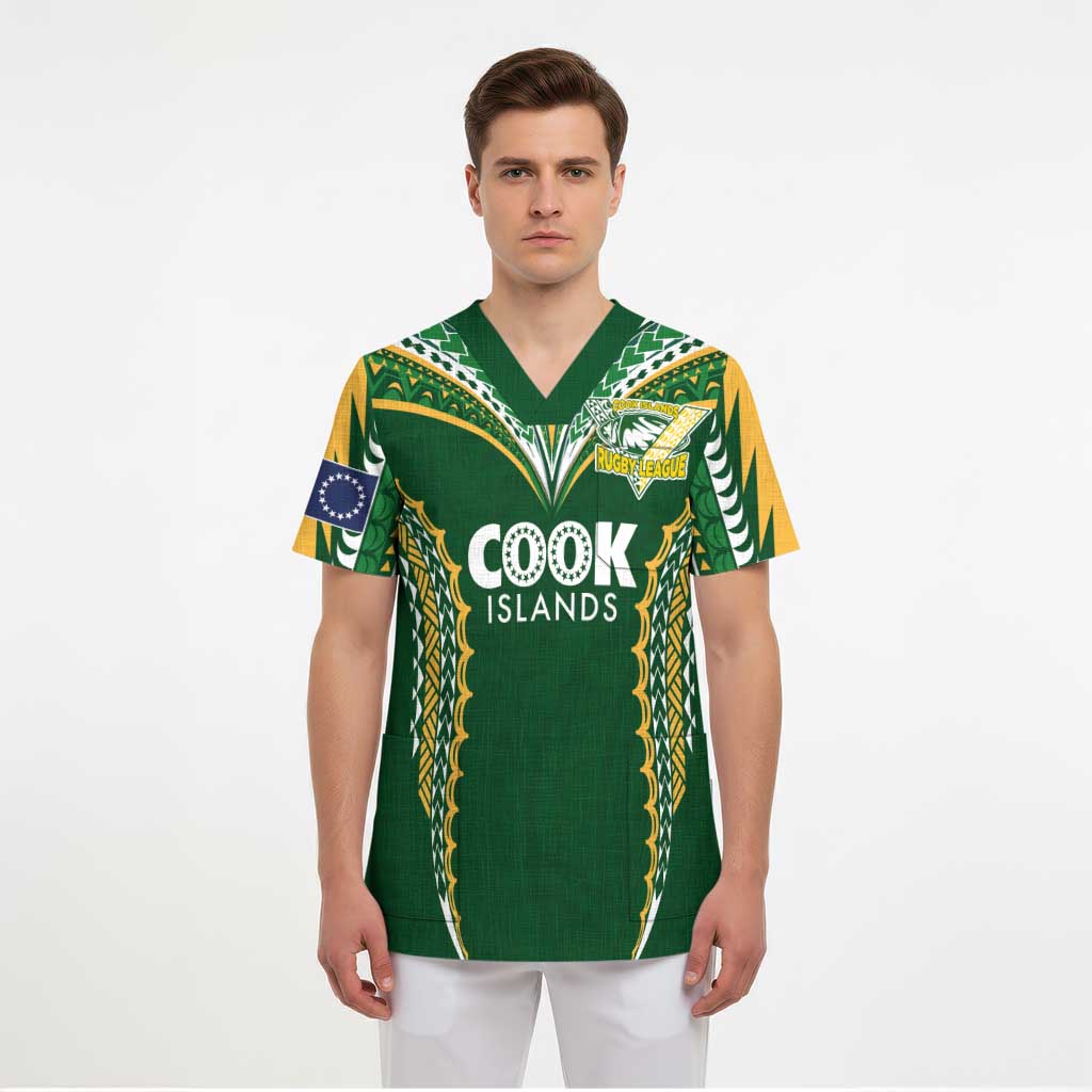 Custom Cook Islands Rugby League Scrub Top Tatau Tribal Pattern-Special Edition Green Color - Polynesian Pride