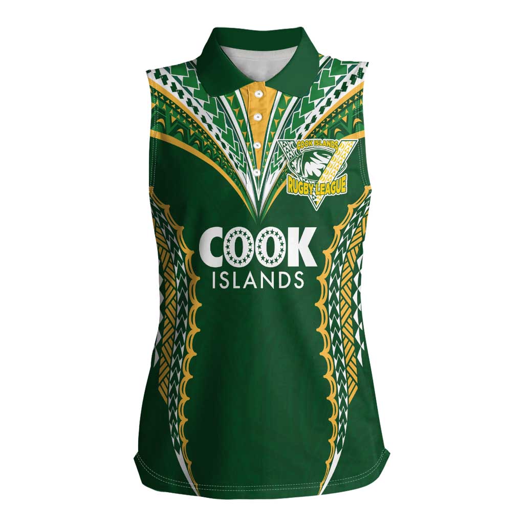 Custom Cook Islands Rugby League Women Sleeveless Polo Shirt Tatau Tribal Pattern-Special Edition Green Color
