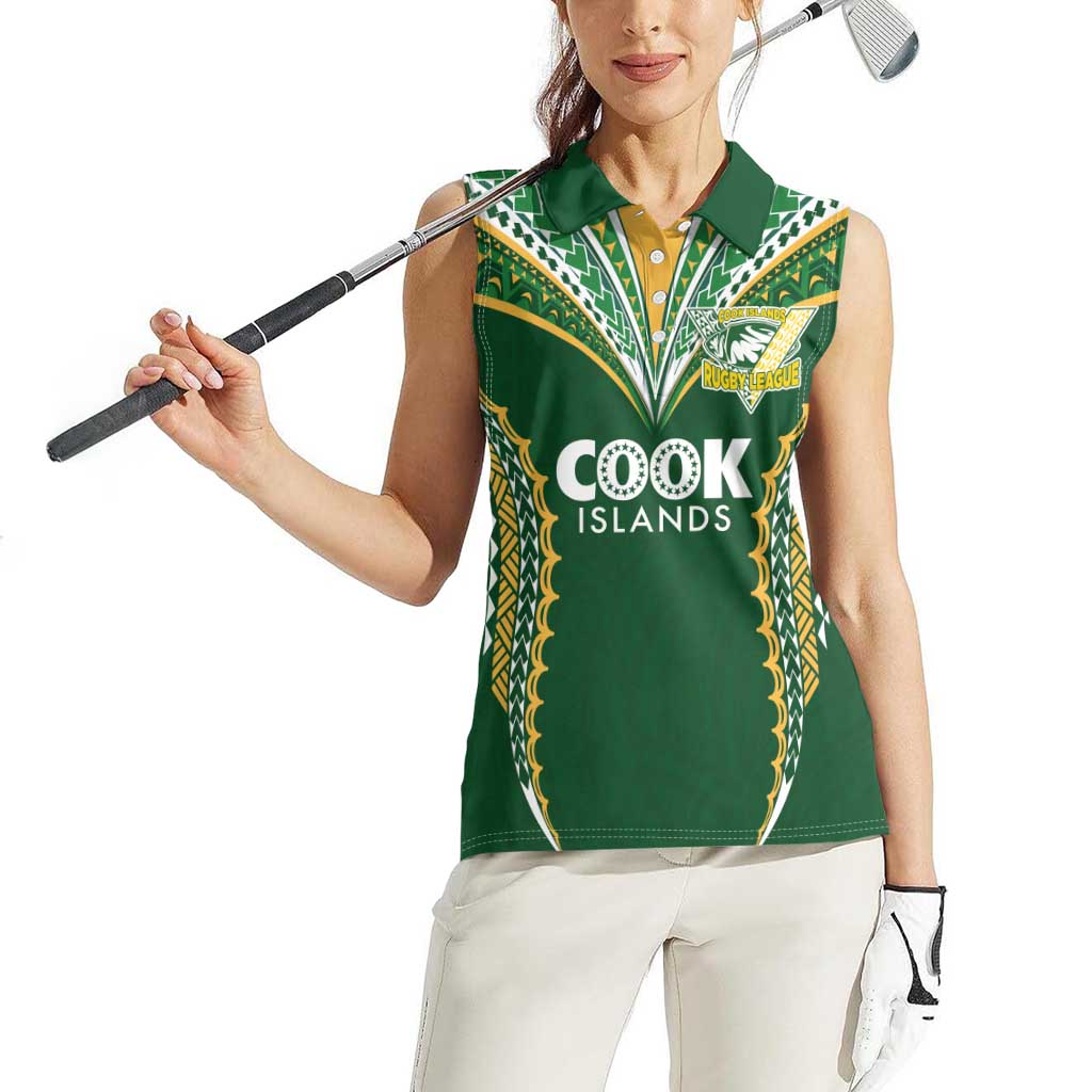 Custom Cook Islands Rugby League Women Sleeveless Polo Shirt Tatau Tribal Pattern-Special Edition Green Color
