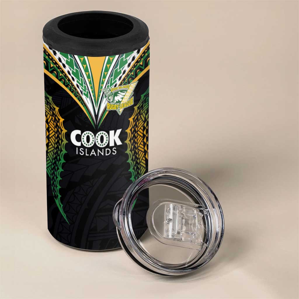 Custom Cook Island Rugby League 2025 4 in 1 Can Cooler Tumbler Tatau Tribal Pattern-Special Edition Black Color