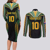 Custom Cook Islands Rugby League Couples Matching Long Sleeve Bodycon Dress and Long Sleeve Button Shirt Tatau Tribal Pattern-Special Edition Black Color