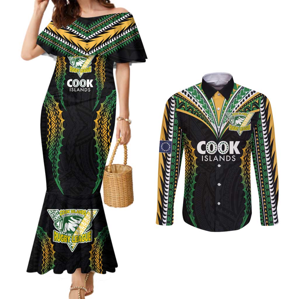 Custom Cook Islands Rugby League Couples Matching Mermaid Dress and Long Sleeve Button Shirt Tatau Tribal Pattern-Special Edition Black Color