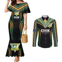 Custom Cook Islands Rugby League Couples Matching Mermaid Dress and Long Sleeve Button Shirt Tatau Tribal Pattern-Special Edition Black Color