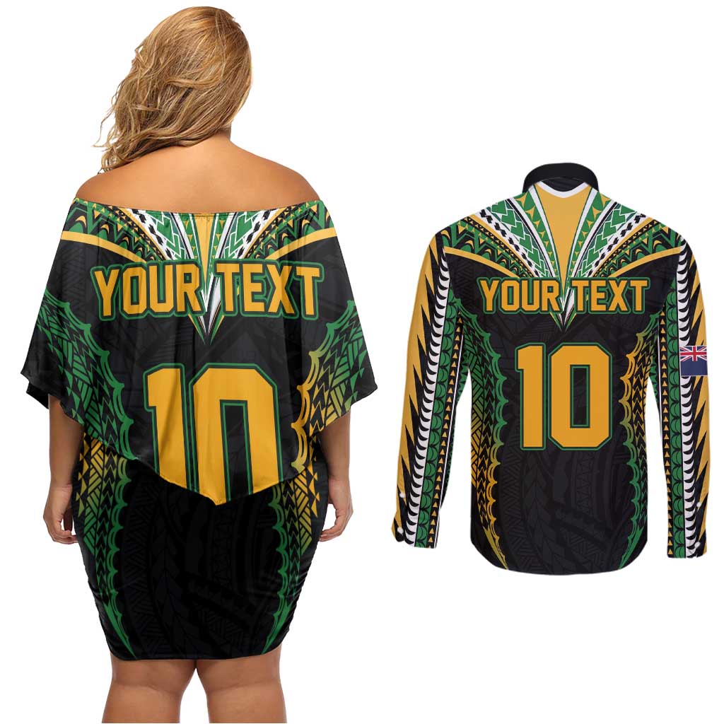 Custom Cook Islands Rugby League Couples Matching Off Shoulder Short Dress and Long Sleeve Button Shirt Tatau Tribal Pattern-Special Edition Black Color