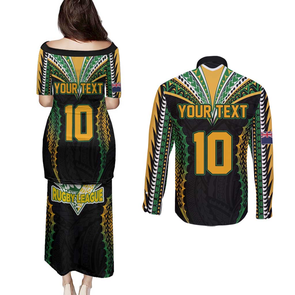 Custom Cook Islands Rugby League Couples Matching Puletasi and Long Sleeve Button Shirt Tatau Tribal Pattern-Special Edition Black Color