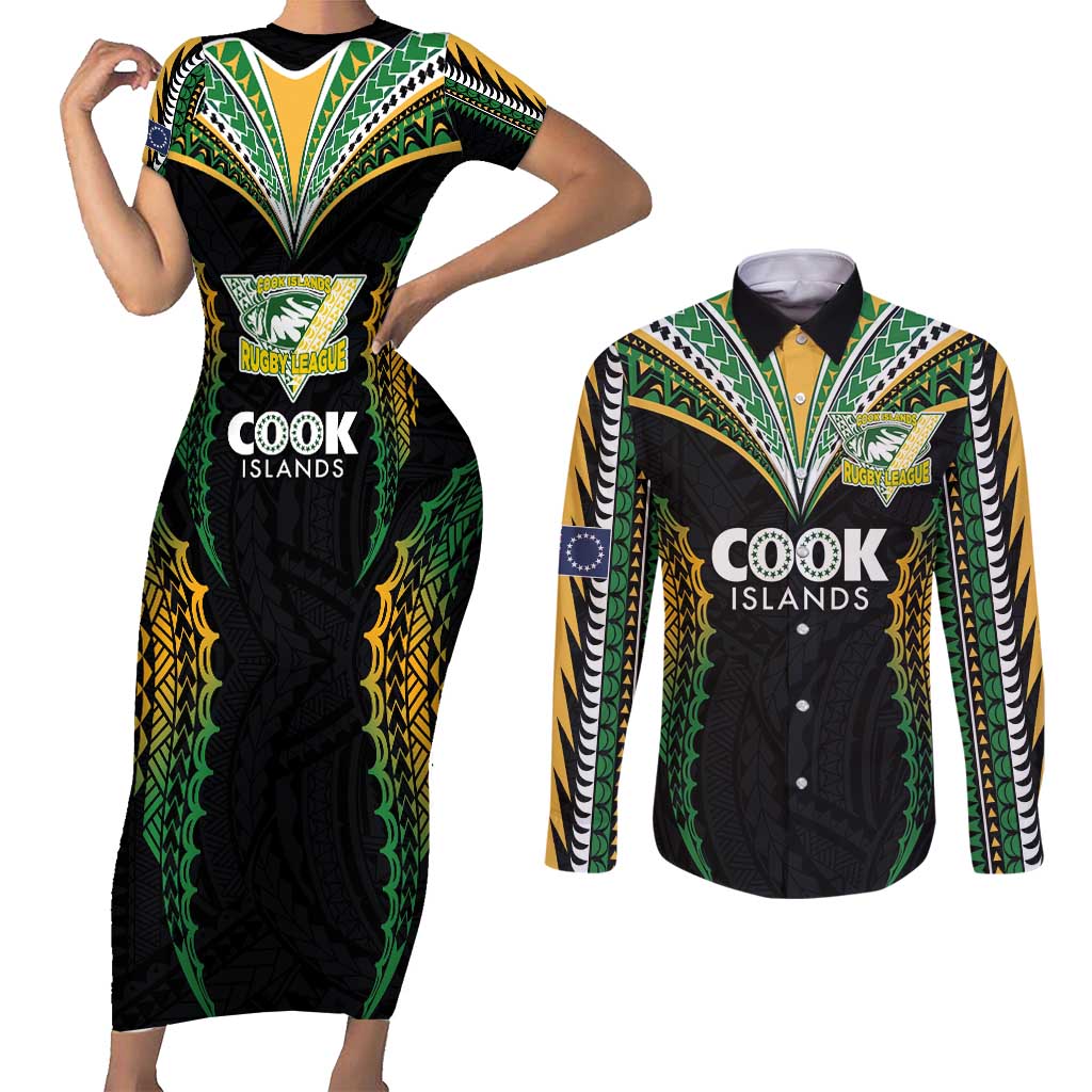 Custom Cook Islands Rugby League Couples Matching Short Sleeve Bodycon Dress and Long Sleeve Button Shirt Tatau Tribal Pattern-Special Edition Black Color