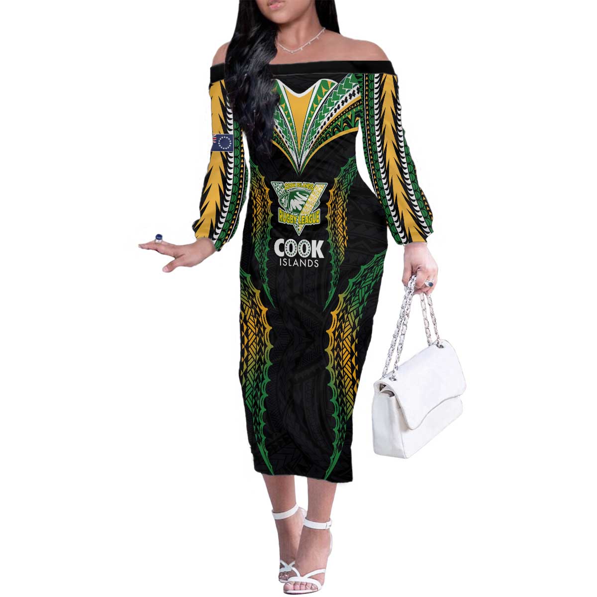 Custom Cook Islands Rugby League Family Matching Off The Shoulder Long Sleeve Dress and Hawaiian Shirt Tatau Tribal Pattern-Special Edition Black Color