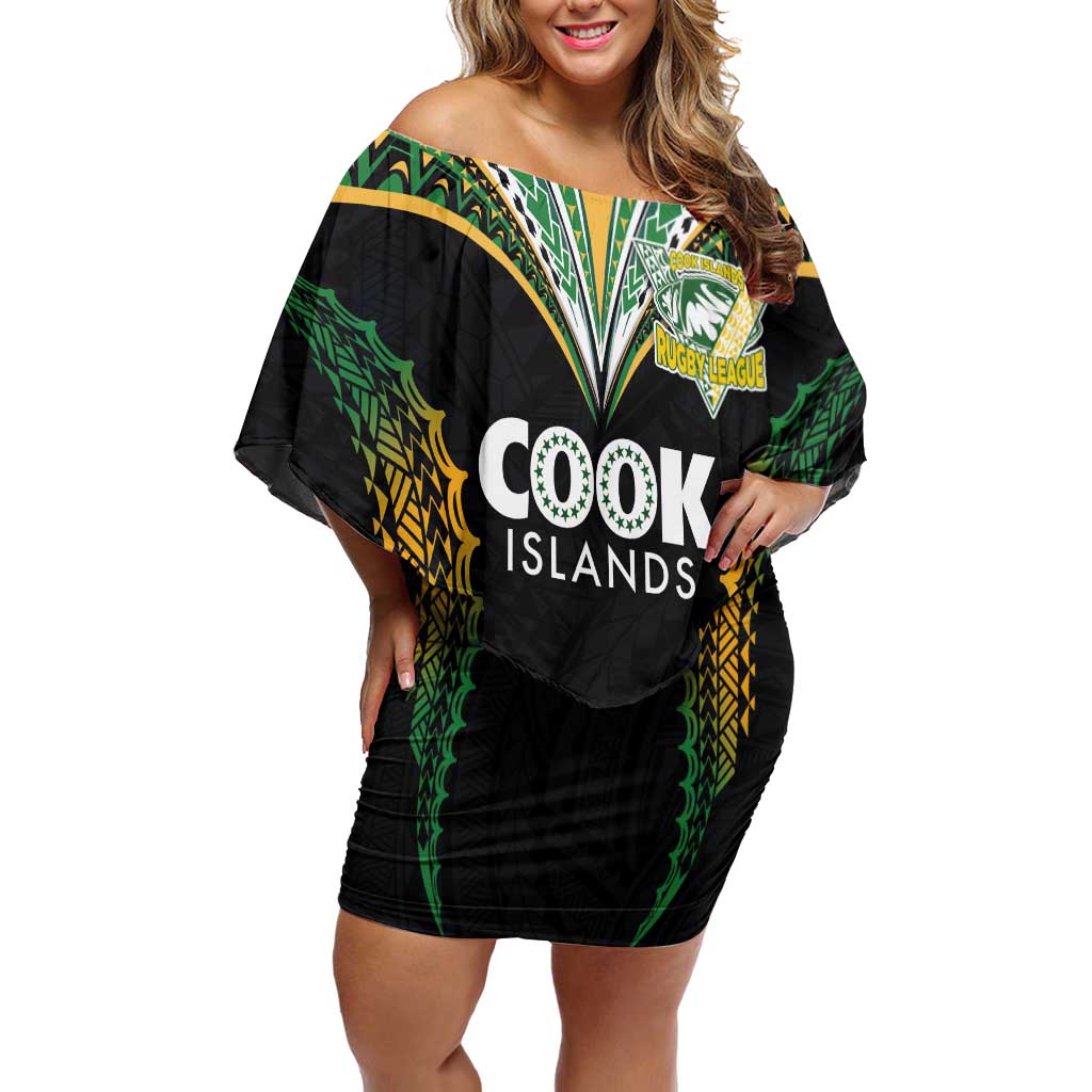 Custom Cook Islands Rugby League Family Matching Off Shoulder Short Dress and Hawaiian Shirt Tatau Tribal Pattern-Special Edition Black Color