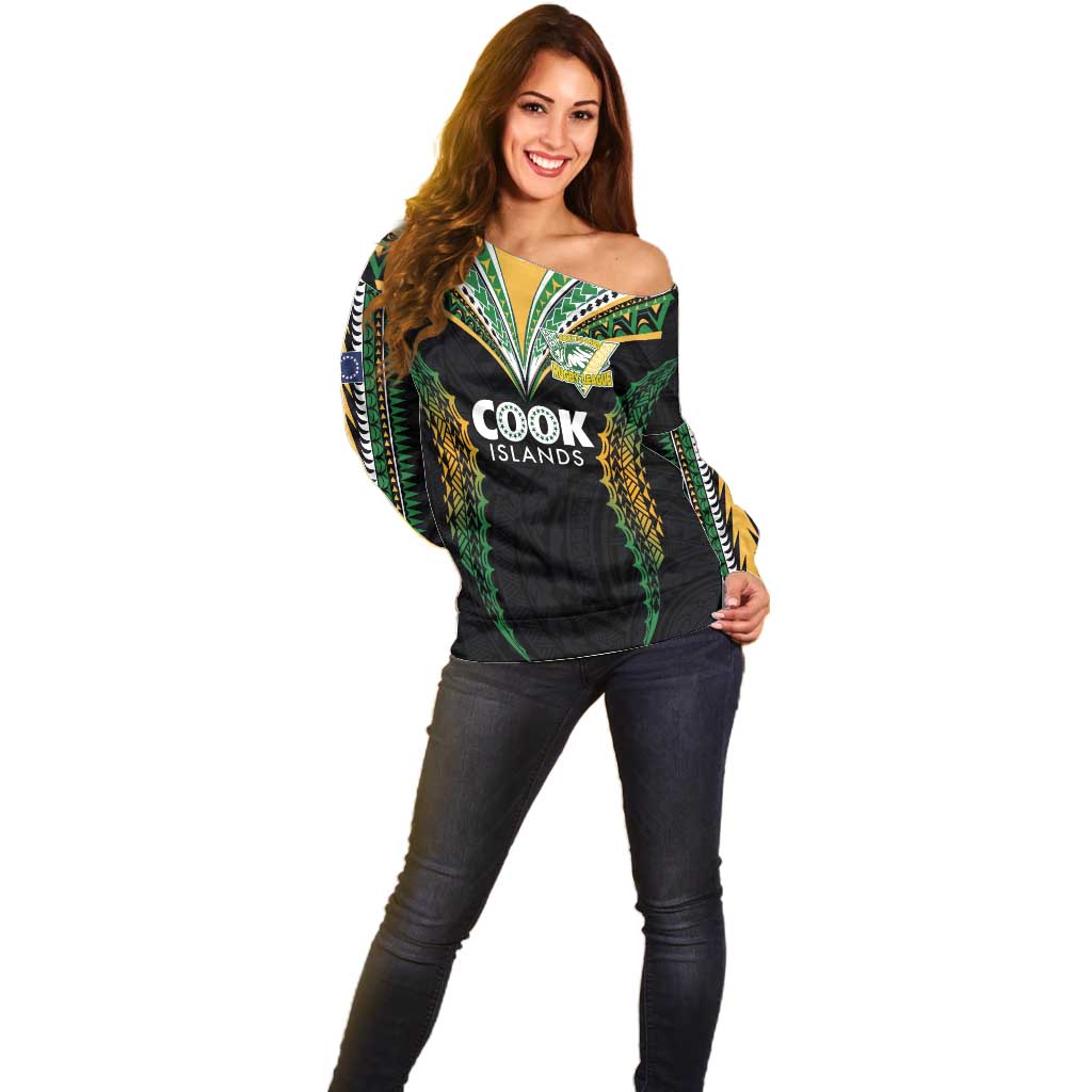 Custom Cook Islands Rugby League Off Shoulder Sweater Tatau Tribal Pattern-Special Edition Black Color