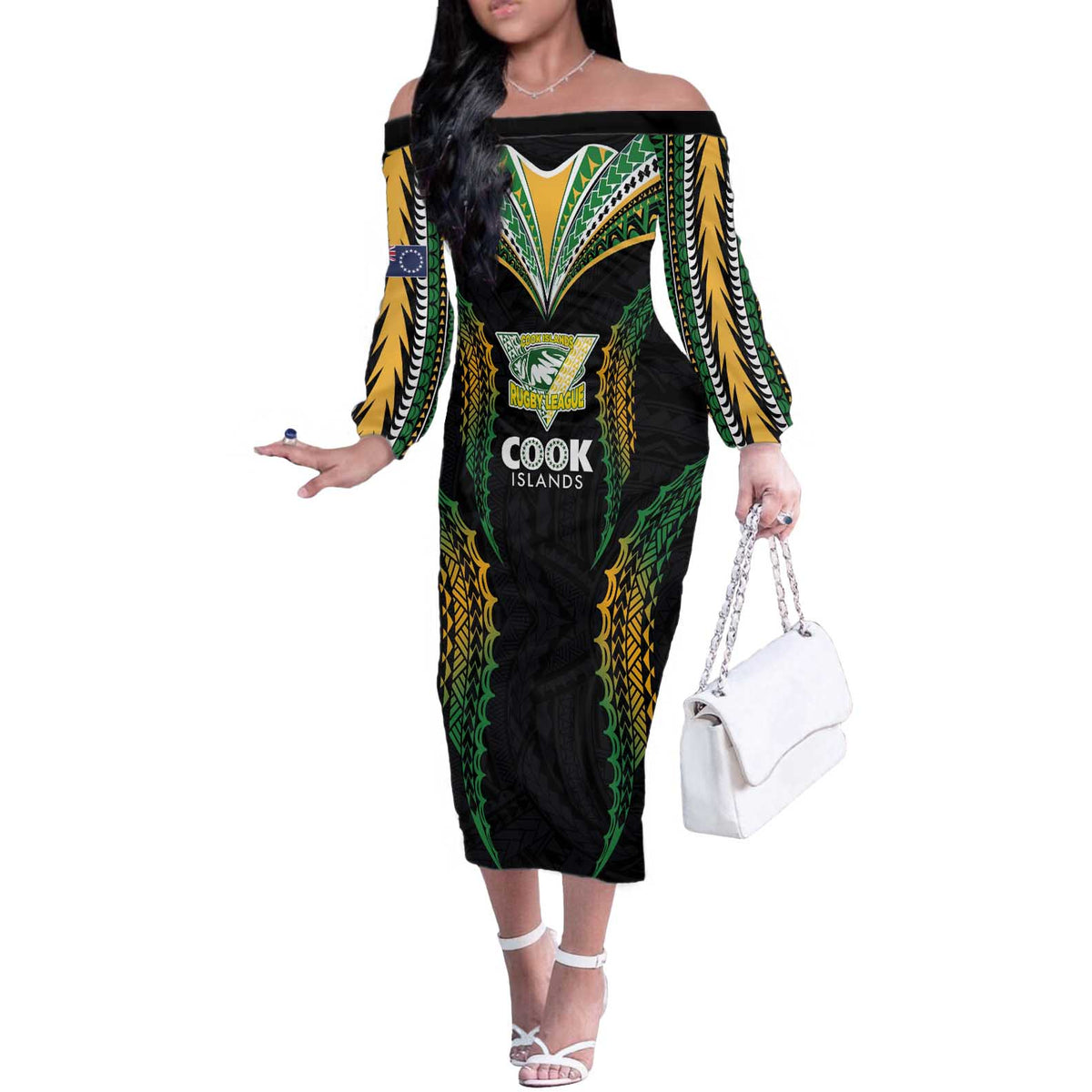 Custom Cook Islands Rugby League Off The Shoulder Long Sleeve Dress Tatau Tribal Pattern-Special Edition Black Color