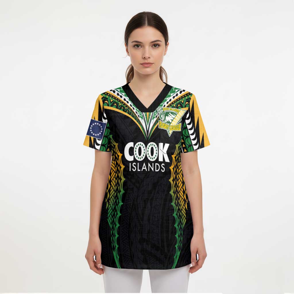 Custom Cook Islands Rugby League Scrub Top Tatau Tribal Pattern-Special Edition Black Color - Polynesian Pride
