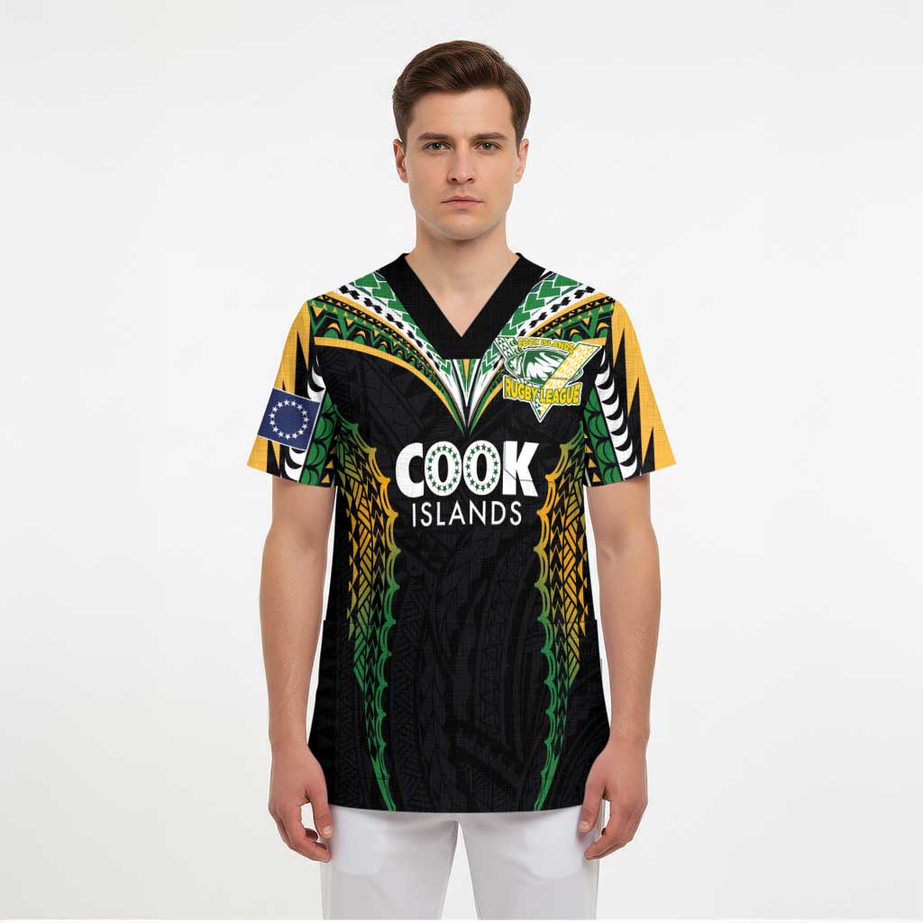 Custom Cook Islands Rugby League Scrub Top Tatau Tribal Pattern-Special Edition Black Color - Polynesian Pride