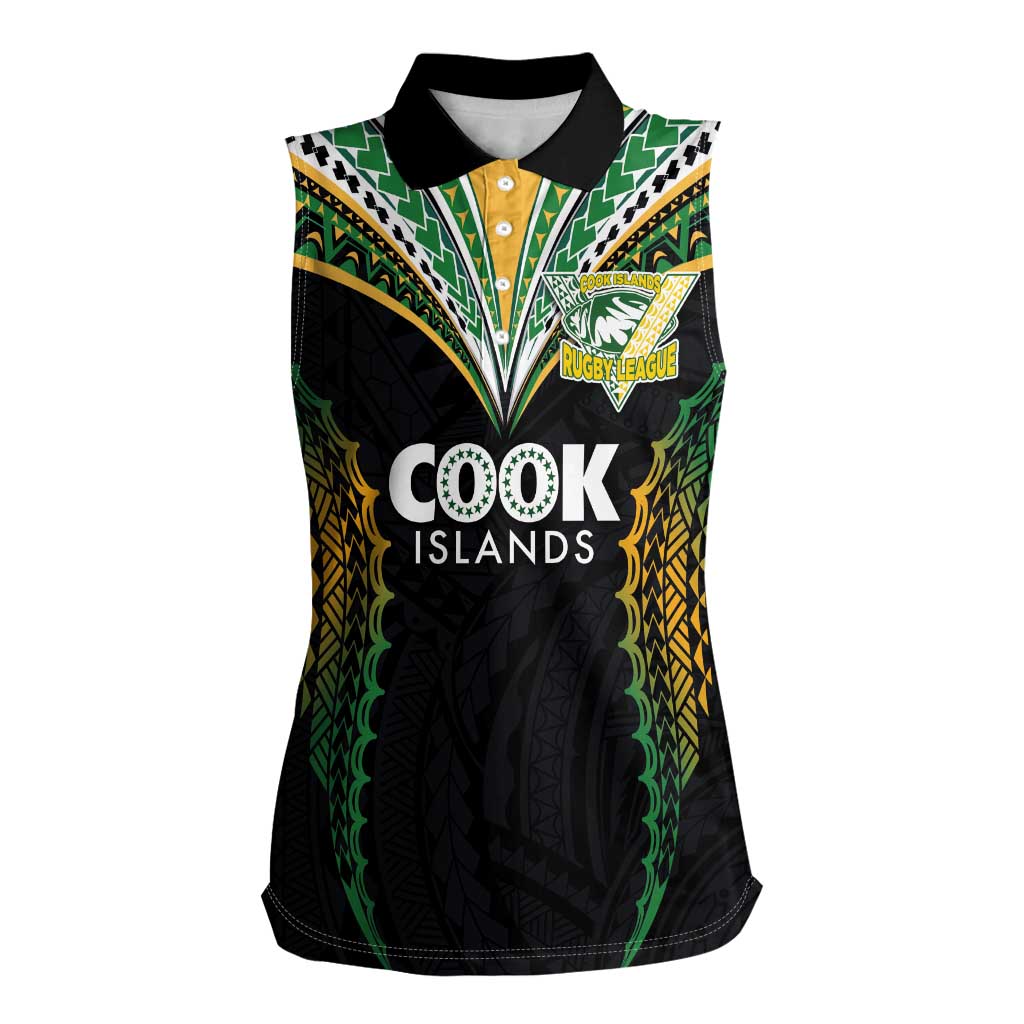 Custom Cook Islands Rugby League Women Sleeveless Polo Shirt Tatau Tribal Pattern-Special Edition Black Color