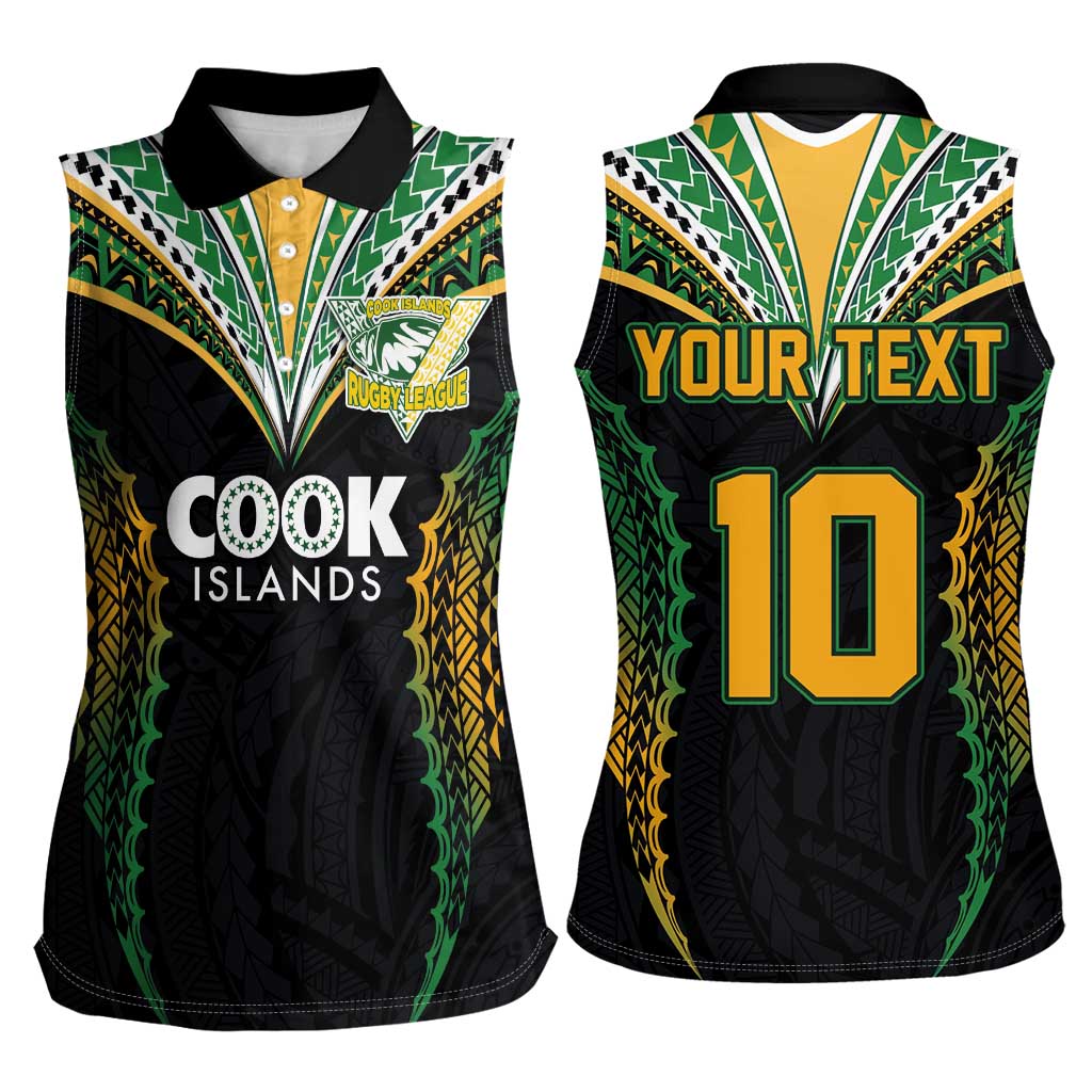 Custom Cook Islands Rugby League Women Sleeveless Polo Shirt Tatau Tribal Pattern-Special Edition Black Color
