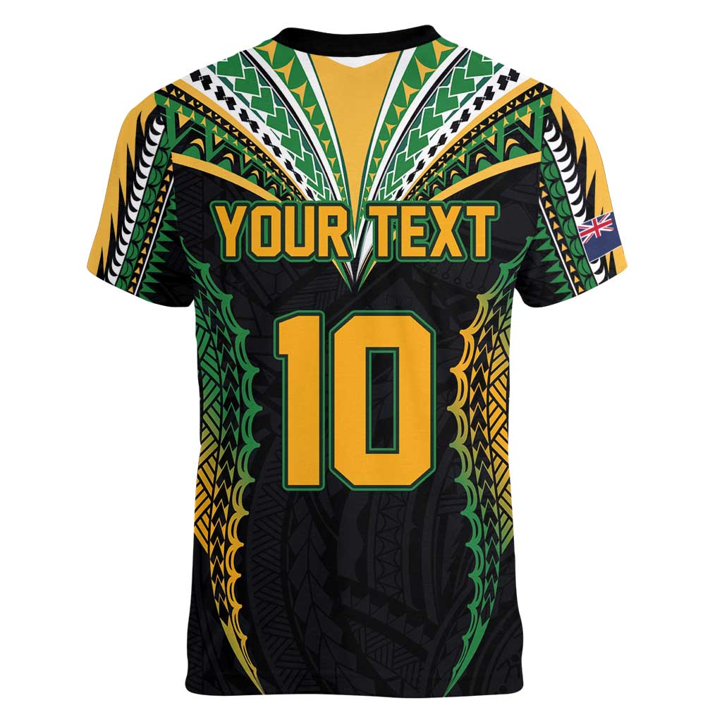 Custom Cook Islands Rugby League Women V-Neck T-Shirt Tatau Tribal Pattern-Special Edition Black Color