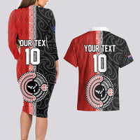 Custom Tonga and New Zealand Rugby Couples Matching Long Sleeve Bodycon Dress and Hawaiian Shirt Maori Mix Ngatu Pattern