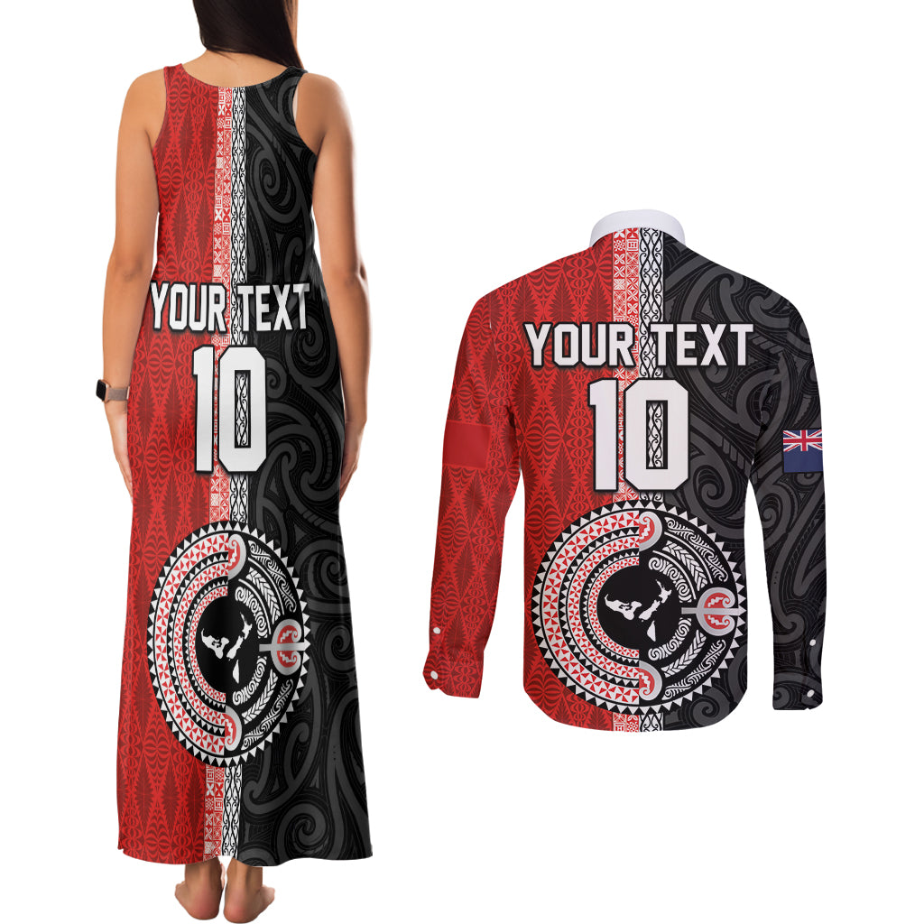 Custom Tonga and New Zealand Rugby Couples Matching Tank Maxi Dress and Long Sleeve Button Shirt Maori Mix Ngatu Pattern