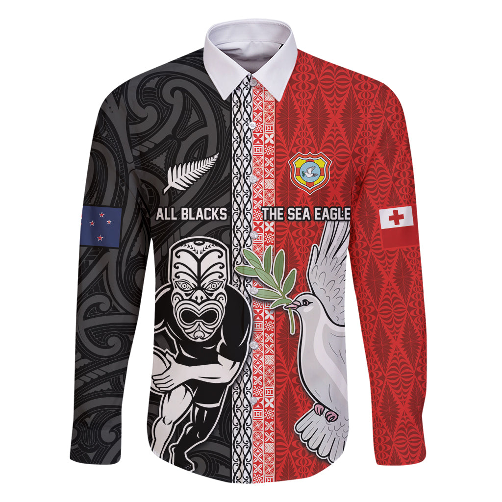 Custom Tonga and New Zealand Rugby Family Matching Off Shoulder Short Dress and Hawaiian Shirt Maori Mix Ngatu Pattern