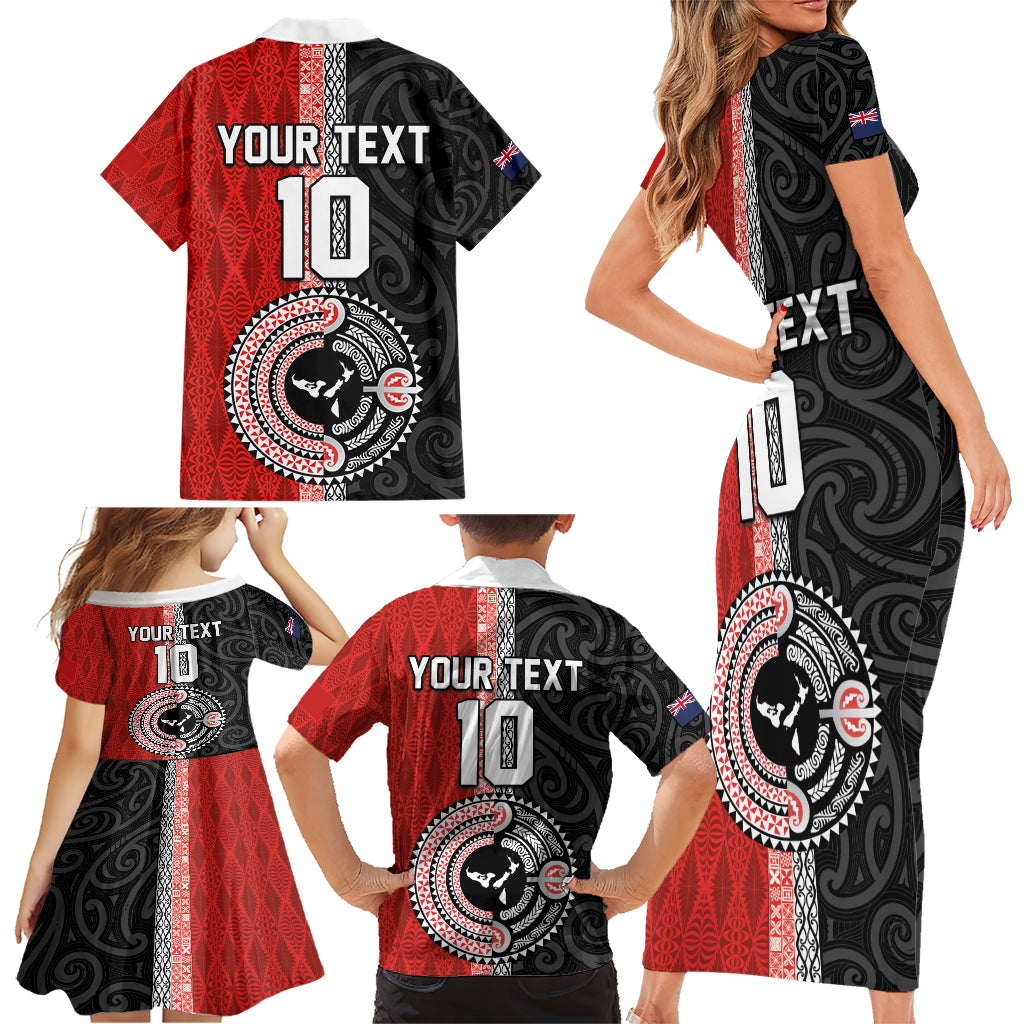 Custom Tonga and New Zealand Rugby Family Matching Short Sleeve Bodycon Dress and Hawaiian Shirt Maori Mix Ngatu Pattern