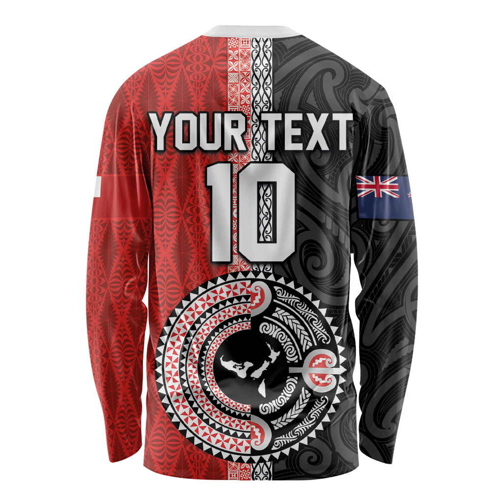 Custom Tonga and New Zealand Rugby Long Sleeve Shirt Maori Mix Ngatu Pattern