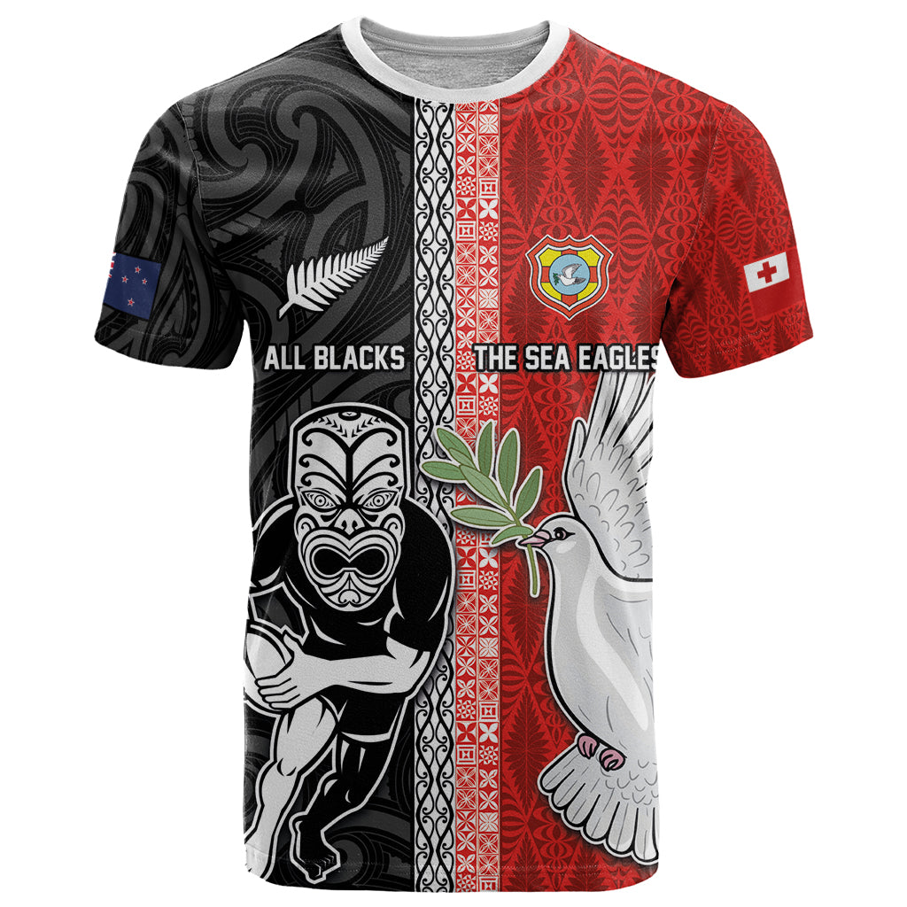 Custom Tonga and New Zealand Rugby T Shirt Maori Mix Ngatu Pattern
