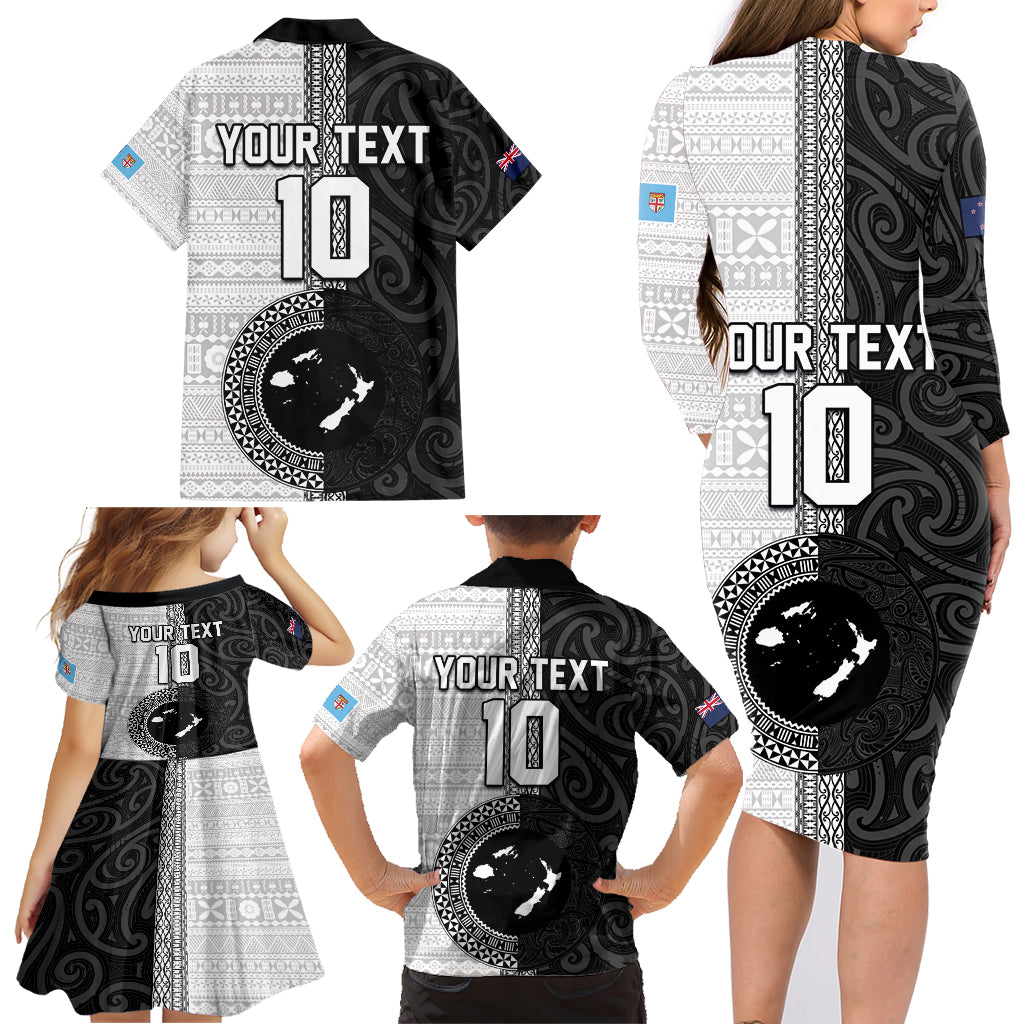 Custom Fiji and New Zealand Rugby Family Matching Long Sleeve Bodycon Dress and Hawaiian Shirt Tapa Mix Maori Pattern