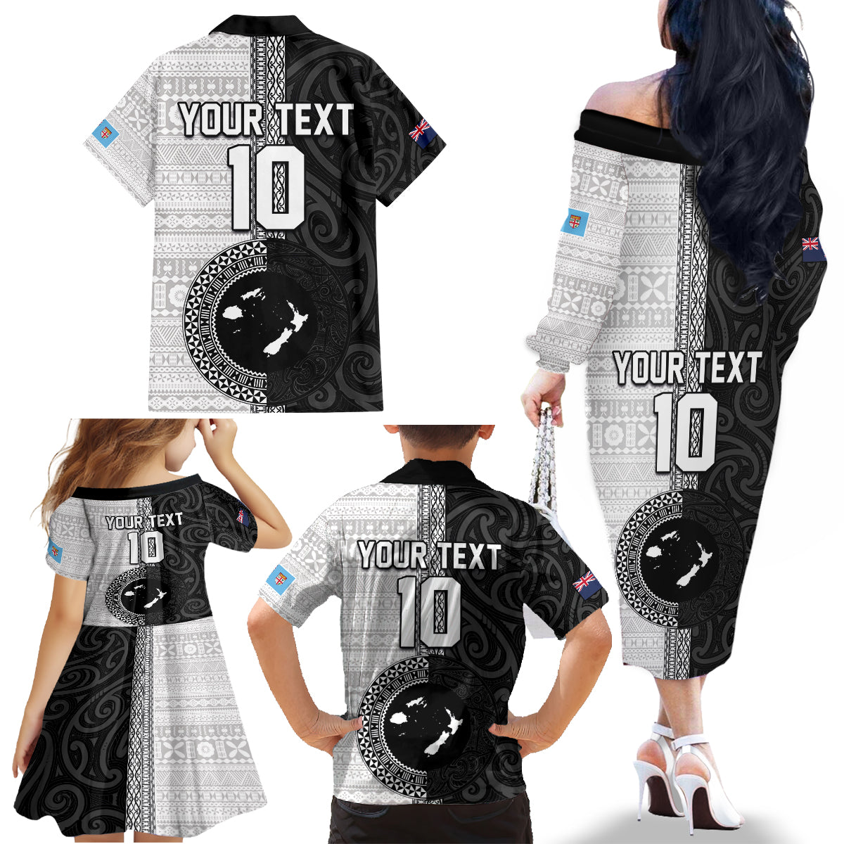 Custom Fiji and New Zealand Rugby Family Matching Off The Shoulder Long Sleeve Dress and Hawaiian Shirt Tapa Mix Maori Pattern