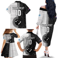 Custom Fiji and New Zealand Rugby Family Matching Off The Shoulder Long Sleeve Dress and Hawaiian Shirt Tapa Mix Maori Pattern