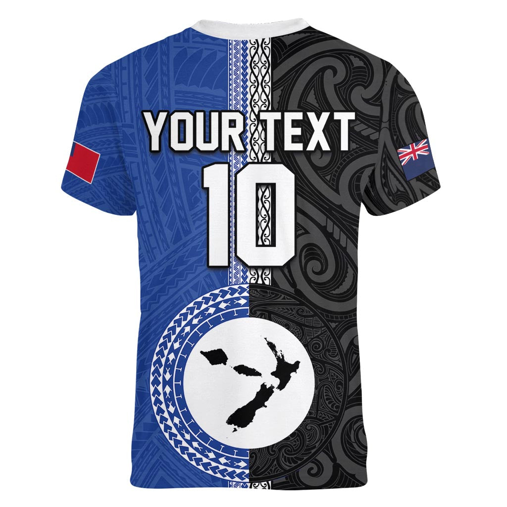 Custom Samoa and New Zealand Rugby Women V-Neck T-Shirt Teuila Samoan and Maori Warrior