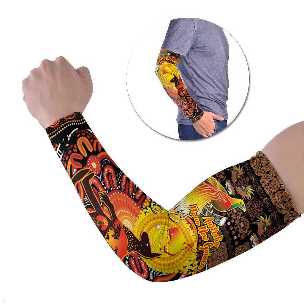 Personalized Australia and Papua New Guinea Together Arm Sleeves Kangaroo Aboriginal Art and Bird-of-paradise Oro Tribal Motifs - Polynesian Pride
